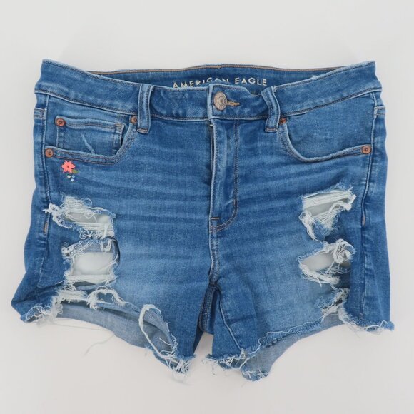 American Eagle Women 8 Midi Blue Jean Denim Shorts Embroidered Flower Distressed - Picture 12 of 12